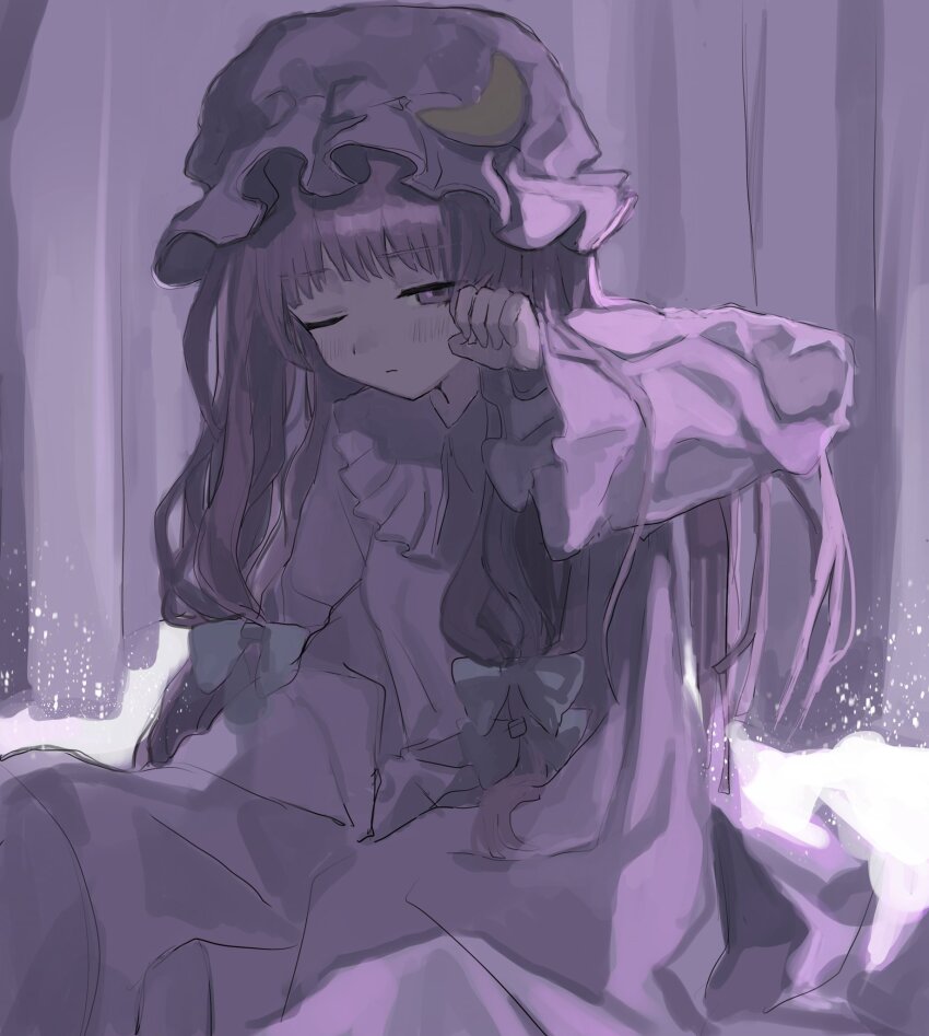 1984_(cw1000110) 1girl bow crescent crescent_hat_ornament curtains dress frilled_shirt_collar frills hair_bow hat hat_ornament highres long_hair long_sleeves mob_cap one_eye_closed patchouli_knowledge purple_eyes purple_hair purple_theme rubbing_eyes solo touhou