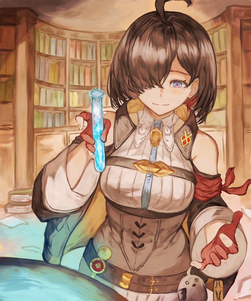 1girl absurdres ahoge alchemy asymmetrical_bangs atelier_(series) atelier_yumia between_breasts black_hair breasts cauldron chinese_commentary closed_mouth collared_dress commentary_request dress gloves grey_corset highres holding holding_test_tube indoors large_breasts mole mole_under_eye multicolored_hair parted_bangs partially_fingerless_gloves purple_eyes red_gloves red_hair smile solo standing strap_between_breasts streaked_hair stuffed_animal stuffed_bird stuffed_toy test_tube two-tone_hair white_dress yumia_liessfeldt yuto_(fedj3757)