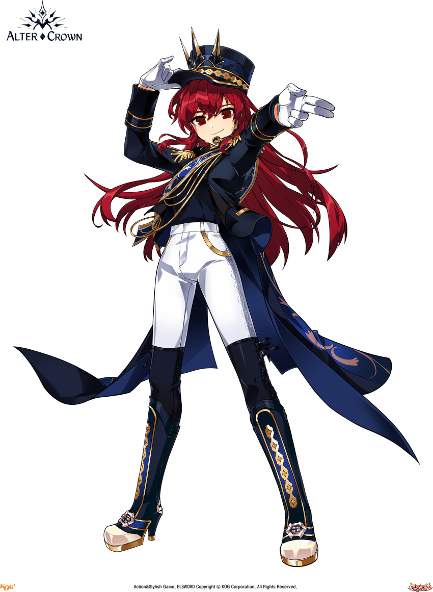 1girl absurdres black_boots black_coat black_hat black_shirt blue_sash boots closed_mouth coat copyright_name copyright_notice crossed_bangs dress_pants elesis_(elsword) elsword epaulettes full_body game_cg gloves hair_between_eyes hand_on_headwear happy hat headset high-waist_pants high_heel_boots high_heels highres hwansang idol logo long_hair long_sleeves looking_at_viewer military_hat military_uniform non-web_source official_art open_clothes open_coat pants pocket pointing pointing_at_viewer red_eyes red_hair sash second-party_source shako_cap shirt sidelocks sleeve_cuffs smirk solo standing tachi-e thigh_boots transparent_background very_long_hair white_gloves white_pants