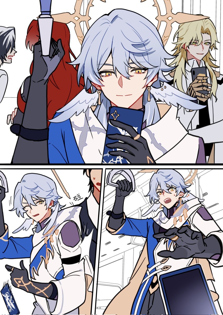 4boys argenti_(honkai:_star_rail) arm_up black_gloves black_hair blonde_hair blue_jacket blue_pupils boothill_(honkai:_star_rail) cellphone closed_mouth clothing_cutout commentary_request corrupted_twitter_file crossover dropping earrings elbow_gloves feathered_wings gloves gold_earrings green_eyes grey_hair hair_between_eyes halo halo_behind_head hand_grip hand_up head_wings highres holding holding_hand_grip holding_phone honkai:_star_rail honkai_(series) honkai_impact_3rd jacket jewelry long_hair looking_at_phone male_focus medium_hair multicolored_hair multicolored_jacket multiple_boys open_mouth parted_bangs parted_lips phone piercing purple_shirt red_hair ring scarf sharp_teeth shirt shoulder_cutout smartphone smile spiked_halo sunday_(honkai:_star_rail) sweat teeth three-quarter_sleeves two-tone_hair two-tone_jacket void_archives white_hair white_jacket white_scarf white_wings wing_piercing wings yellow_eyes yuelinpanp98413