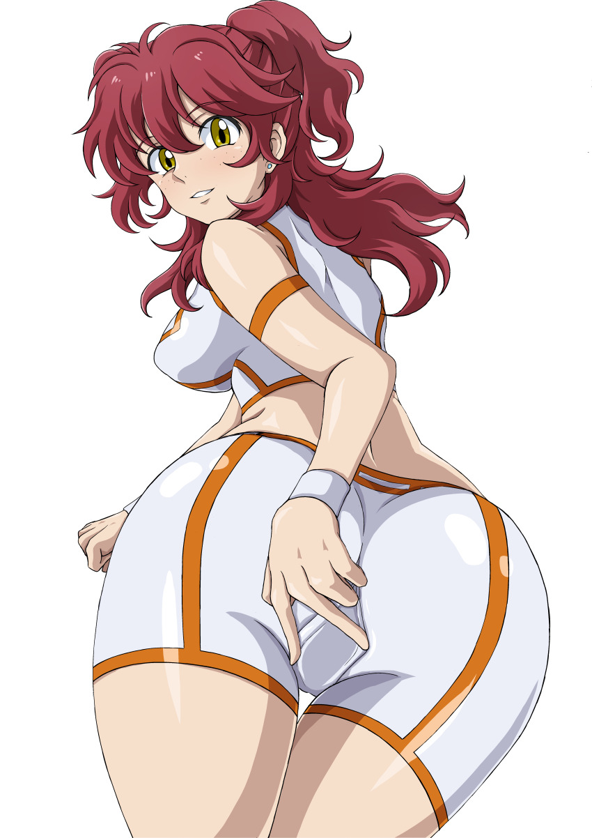1girl absurdres ass ass_focus breasts from_behind gundam gundam_00 highres looking_at_viewer midriff nena_trinity red_hair safety_kaijo shorts simple_background skin_tight solo spread_pussy spread_pussy_under_clothes spreading_own_pussy two_side_up yellow_eyes