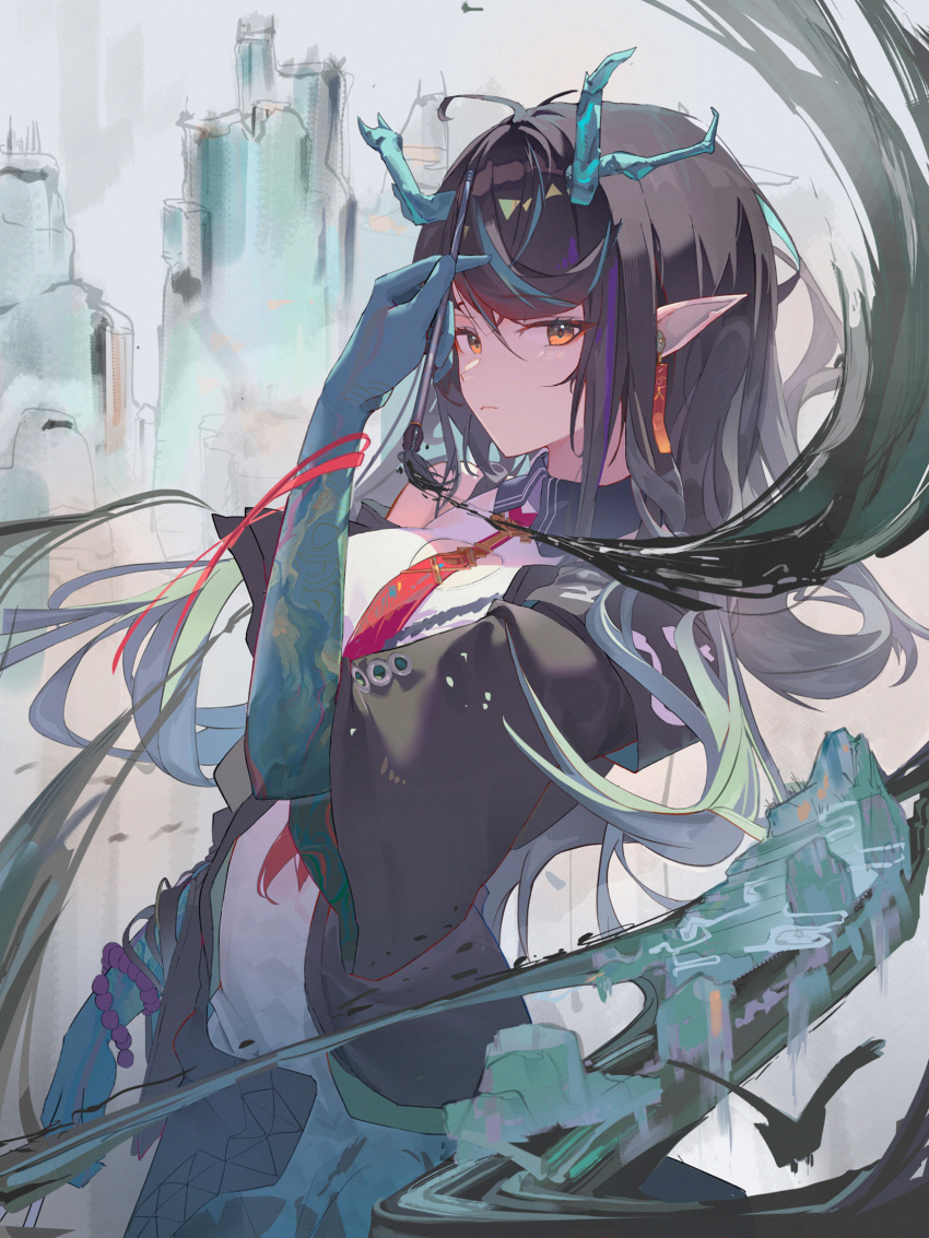 1girl arknights bead_bracelet beads bird black_hair black_jacket bracelet calligraphy_brush closed_mouth commentary_request cowboy_shot dragon_girl dragon_horns dress dusk_(arknights) fashi_laizi_weilai floating_hair gradient_hair gradient_skin green_hair green_horns hand_up highres holding holding_calligraphy_brush holding_paintbrush horns jacket jewelry light_frown long_hair looking_at_viewer mountain multicolored_hair necktie open_clothes open_jacket orange_eyes paintbrush pointy_ears red_necktie solo very_long_hair white_dress