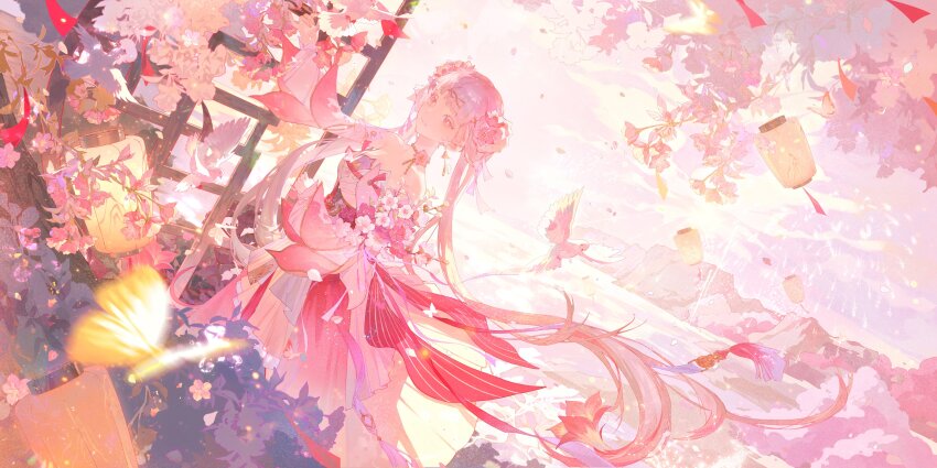 1girl absurdres architecture bare_shoulders bird breasts check_clothing closed_mouth clothing_request colored_eyelashes cowboy_shot detached_sleeves dress east_asian_architecture flower hair_flower hair_ornament highres jinhsi_(peach_blossom)_(wuthering_waves) jinhsi_(wuthering_waves) lantern long_hair looking_at_viewer official_alternate_costume paper_lantern pink_dress pink_flower pink_theme shachang small_breasts smile solo two-tone_dress very_long_hair white_bird white_dress white_eyelashes white_hair white_sleeves wuthering_waves