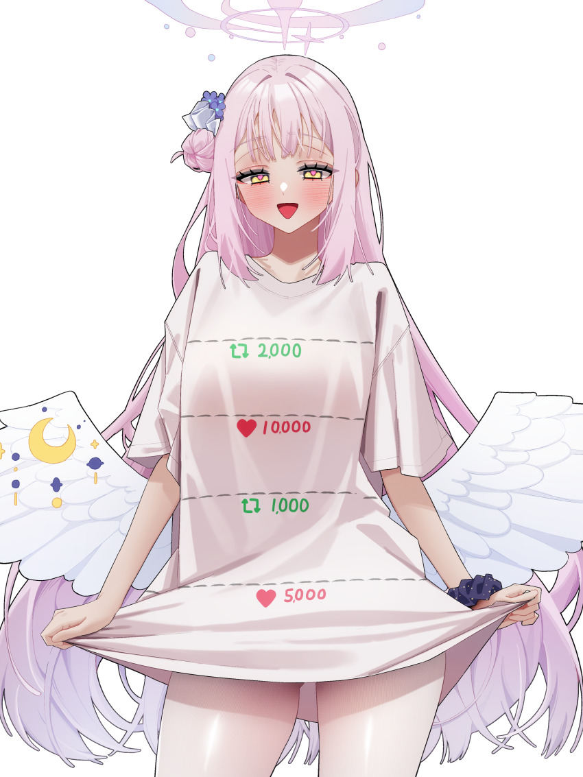 1girl absurdres agnamore angel_wings blue_archive blush breasts clothes_pull commentary feathered_wings flower gluteal_fold hair_bun hair_flower hair_ornament hair_ribbon halo heart heart_in_eye highres like_and_redraw_challenge like_and_retweet long_hair looking_down low_wings mika_(blue_archive) open_mouth pink_hair pink_halo pulling_own_clothes purple_flower purple_scrunchie ribbon scrunchie shirt shirt_pull simple_background single_side_bun smile solo symbol_in_eye thighs twitter_cutting_game white_background white_ribbon white_shirt white_wings wings wrist_scrunchie yellow_eyes
