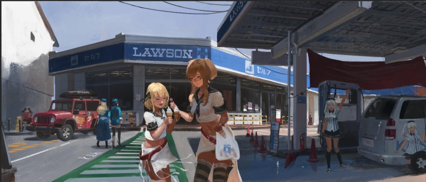 10s 6+girls ^_^ arms_at_sides atago_(kancolle) black_panties blonde_hair blouse brown_hair car closed_eyes convenience_store crosswalk day enterprise_(pacific) food garter_straps gas_station hand_on_own_hip hornet_(pacific) ice_cream ice_cream_cone itasha jeanex jeep_wrangler kantai_collection kashima_(kancolle) kashima_(lawson)_(kancolle) kneehighs lawson motor_vehicle multiple_girls original pacific_(kancolle) panties ryuujou_(kancolle) shirt shop smile socks source_request sports_utility_vehicle striped_clothes striped_shirt striped_thighhighs takao_(kancolle) thighhighs traffic_cone underwear uss_enterprise_(cv-6) uss_hornet_(cv-8)