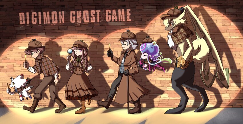 absurdres amanokawa_hiro bandaged_arm bandages blue_eyes detective digimon digimon_(creature) digimon_ghost_game gammamon higashimitarai_kiyoshiro highres jellyfish_girl jellymon monster_girl short_hair symbareangoramon tentacle_hair tentacles tsukiyono_ruli white_hair