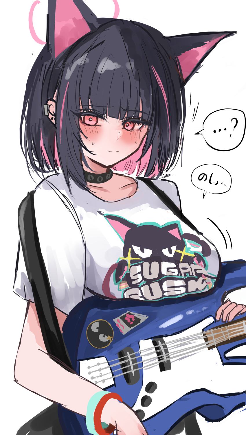 1girl absurdres animal_ears bass_guitar black_choker black_hair blue_archive blunt_bangs cat_ears cat_girl choker colored_inner_animal_ears colored_inner_hair czt_print ear_piercing from_side highres holding holding_bass_guitar holding_instrument instrument kazusa_(band)_(blue_archive) kazusa_(blue_archive) multicolored_hair official_alternate_costume piercing pink_eyes pink_hair shirt short_hair solo sunaneko two-tone_hair white_shirt