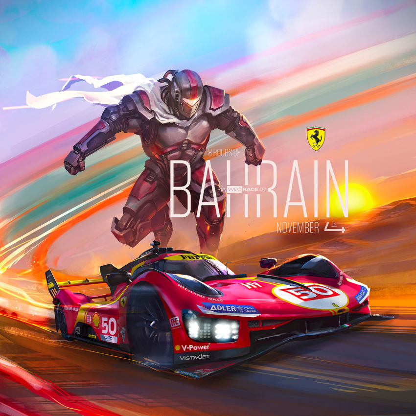 alberto_dal_lago assault_visor bahrain_international_circuit car clenched_hands cloud commentary desert english_commentary ferrari glowing highres le_mans_prototype light_trail logo mecha motor_vehicle official_art race_vehicle racecar racetrack robot scarf shell_(company) sky spoiler_(automobile) sponsor sunrise vehicle_focus white_scarf world_endurance_championship