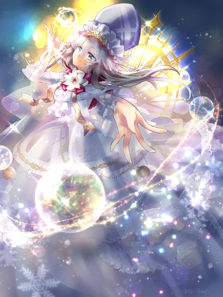 1girl blue_eyes bubble dress dress_flower flower grey_hair highres long_hair looking_at_viewer magia_record:_mahou_shoujo_madoka_magica_gaiden magical_girl mahou_shoujo_madoka_magica mahou_shoujo_oriko_magica mikuni_oriko natsumikan_(357875) original_holy_design_(magia_record) reaching reaching_towards_viewer snowflakes white_dress white_flower