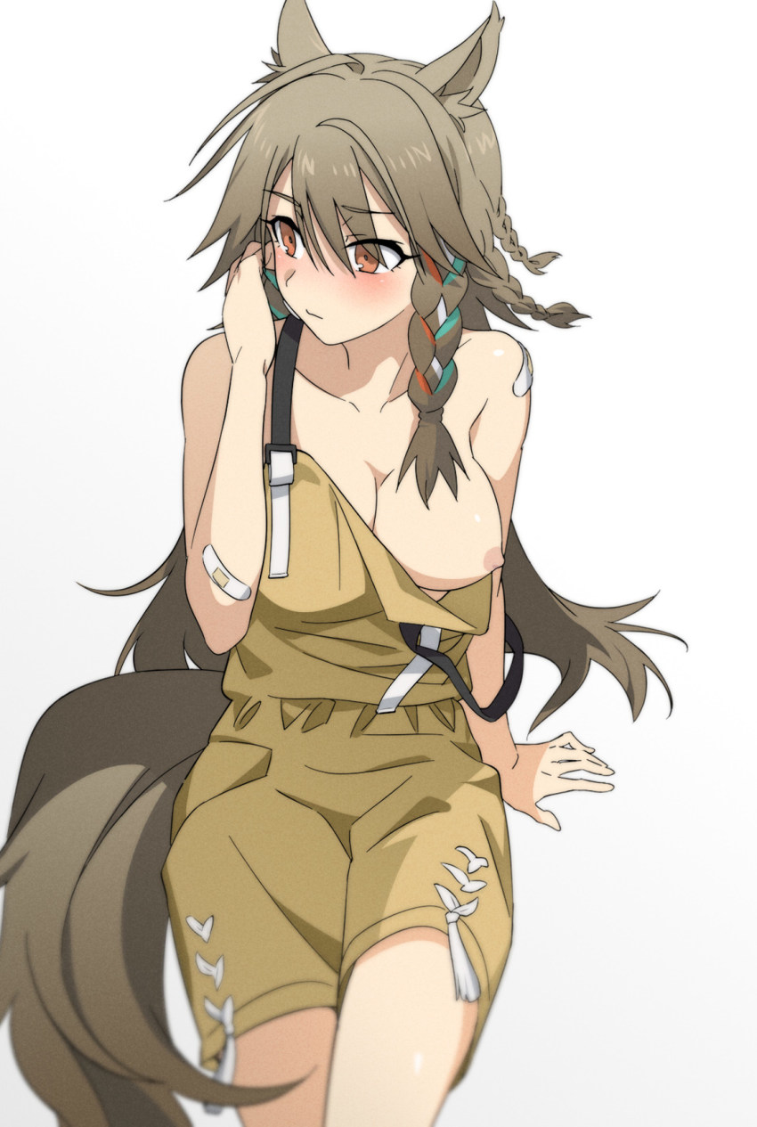 1girl animal_ears arknights bandaid bandaid_on_arm bandaid_on_shoulder bare_shoulders blush braid breasts brown_hair closed_mouth collarbone embarrassed highres horse_ears horse_girl horse_tail large_breasts liang_chan_xing_make_tu long_hair looking_away looking_to_the_side naked_overalls nipples official_alternate_costume overalls red_eyes side_braid sitting solo tail very_long_hair wild_mane_(arknights) wild_mane_(justice_maker)_(arknights)