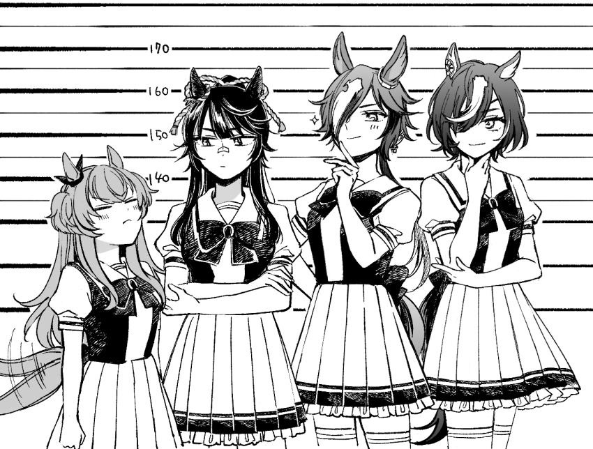 4girls =_= afterimage animal_ears blush bow bowtie breasts closed_mouth crossed_arms elbow_rest eyepatch gloves greyscale hair_over_one_eye hand_on_own_chin height_chart height_difference height_envy horse_ears horse_girl horse_tail long_hair looking_at_another mayano_top_gun_(umamusume) monochrome motion_lines multicolored_hair multiple_girls narita_brian_(umamusume) ponytail sailor_collar school_uniform short_sleeves sideways_glance skirt small_breasts sparkle speed_lines standing streaked_hair stroking_own_chin tail tail_wagging tanino_gimlet_(umamusume) thighhighs tracen_school_uniform two_side_up umamusume v-shaped_eyebrows vodka_(umamusume) yonu_(yonurime)