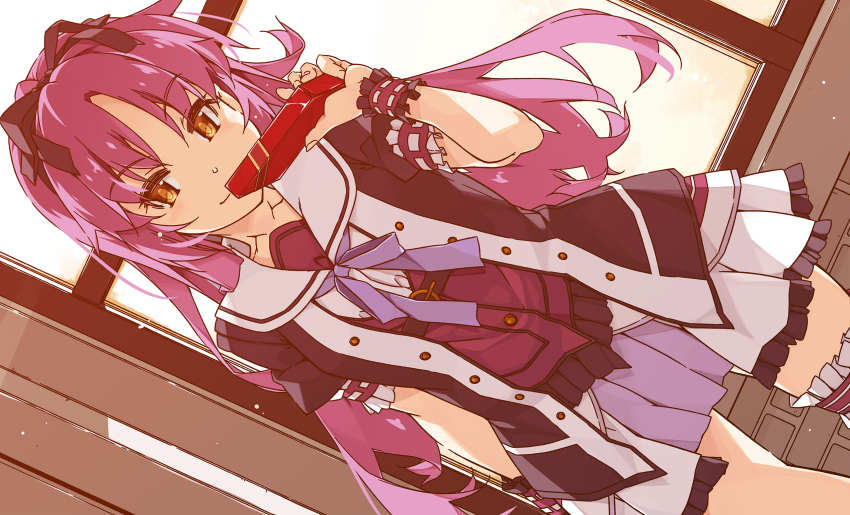 1girl black_jacket bow box brown_eyes copyright_request dutch_angle frills gift gift_box hand_up highres holding holding_box indoors jacket long_hair parted_bangs puffy_short_sleeves puffy_sleeves purple_bow purple_hair purple_skirt purple_vest renne_(eiyuu_densetsu) shikei shirt short_sleeves skirt solo standing very_long_hair vest white_shirt window