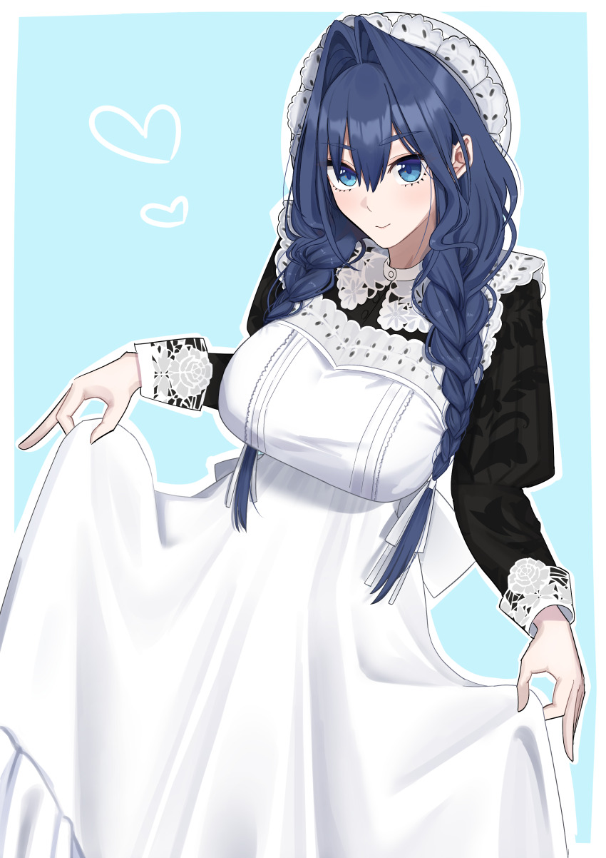 1girl absurdres apron black_dress blue_hair braid breasts closed_mouth commentary dress fapieeee hair_intakes hair_ribbon hat heart highres hololive hololive_english long_hair looking_at_viewer low_twin_braids maid maid_apron mob_cap ouro_kronii ouro_kronii_(maid) ribbon smile solo twin_braids virtual_youtuber white_apron white_ribbon