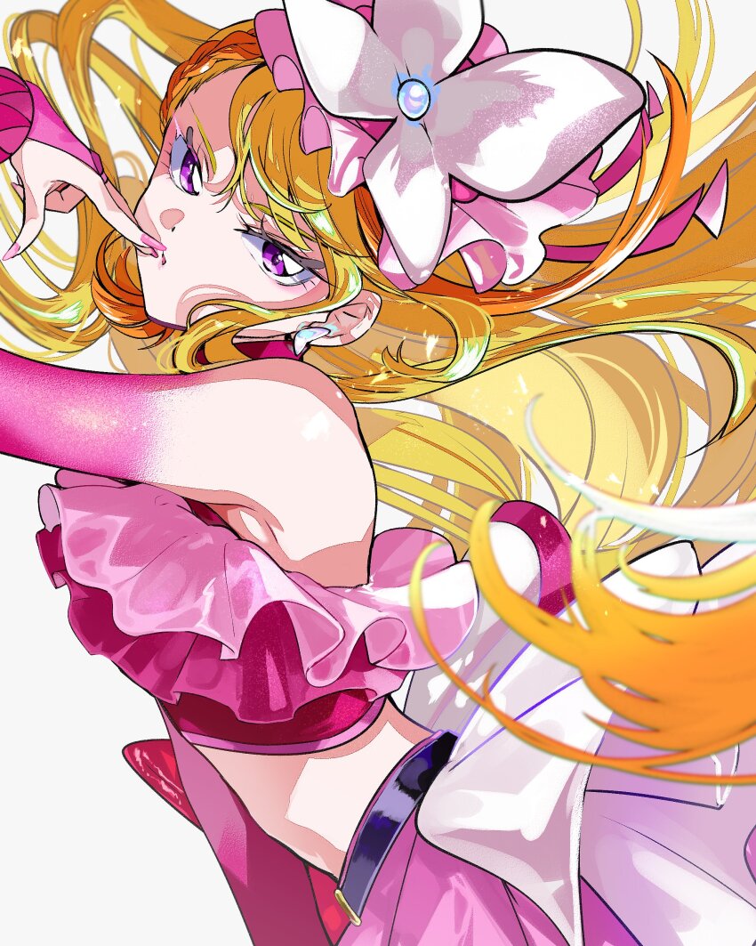 1girl absurdres asako_(itiba) belt black_belt blonde_hair braid braided_bangs commentary crop_top cure_butterfly earrings elbow_gloves fingerless_gloves gloves hat highres hijiri_ageha hirogaru_sky!_precure jewelry long_hair magical_girl midriff multicolored_hair open_mouth pink_eyes pink_gloves pink_hat pink_shirt pink_skirt precure shirt skirt solo two-tone_hair white_background wrist_cuffs