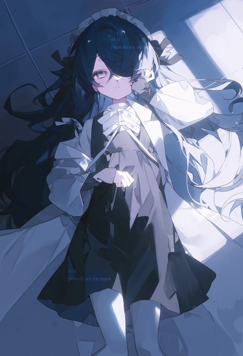 1girl absurdres asphyxia17 black_dress black_hair black_ribbon blood blood_on_face bow bowtie closed_mouth coat dress grey_eyes hair_over_one_eye hair_ribbon hand_on_own_face highres long_hair long_sleeves looking_at_viewer lying maid_headdress nosebleed on_back on_floor one_eye_covered open_clothes original pantyhose pinafore_dress ribbon shirt sleeveless sleeveless_dress solo tile_floor tiles very_long_hair watermark white_bow white_bowtie white_coat white_pantyhose white_shirt window_shadow