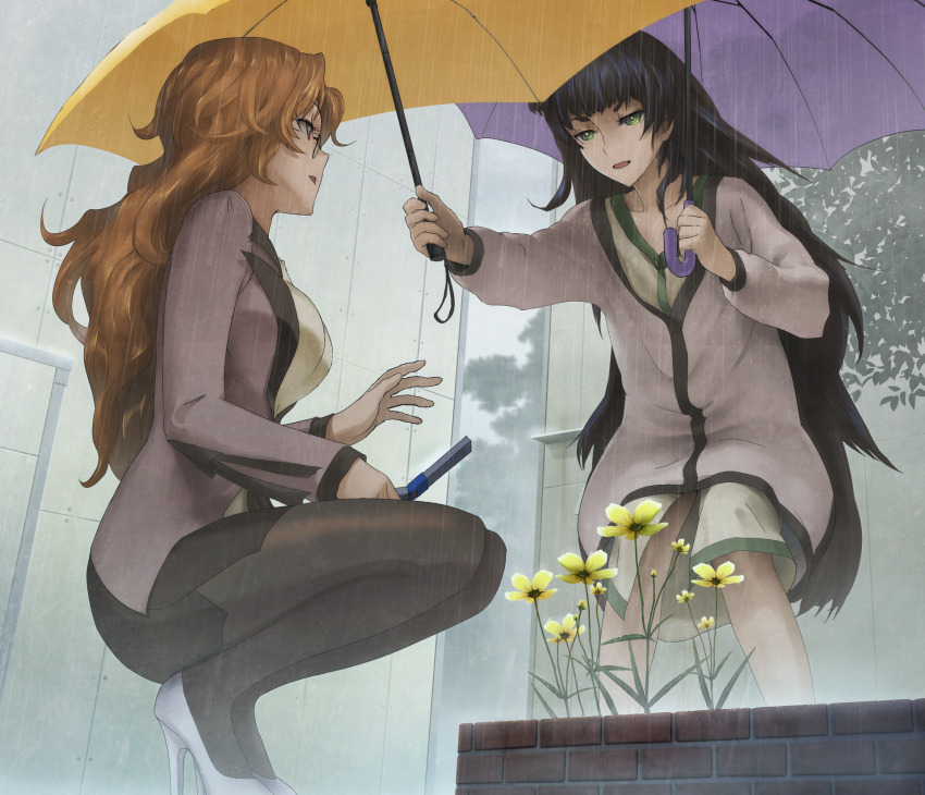 2girls black_pantyhose blonde_hair blouse blunt_bangs breasts cellphone clothing_request cloud cloudy_sky collar collarbone dress expressionless flat_chest flip_phone flower from_below game_cg glasses green_collar green_dress green_eyes green_hair green_trim grey_jacket grey_sky hair_between_eyes high_heels highres hiyajou_maho holding holding_phone holding_umbrella huke jacket jacket_over_dress jitome kiryuu_moeka leaf long_hair long_sleeves looking_at_another medium_breasts messy_hair miniskirt multiple_girls non-web_source office_lady official_art open_mouth outdoors pantyhose phone pink_eyes rain ringed_eyes shirt shoes skirt sky squatting steins;gate steins;gate_0 thick_eyebrows tree umbrella v-shaped_eyebrows very_long_hair white_shirt white_shoes