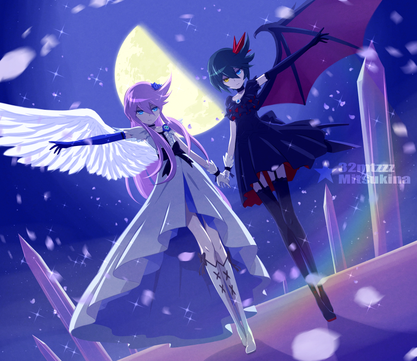 2girls 32zzz angel_wings artist_name asymmetrical_gloves black_choker black_dress blue_eyes blue_flower blue_gloves blue_rose boots choker clone commentary cure_moonlight dark_precure demon_wings dress elbow_gloves flower full_body gloves hair_flower hair_ornament heartcatch_precure! heterochromia highres holding_hands long_hair mismatched_gloves moon multiple_girls precure purple_hair red_dress revision rose short_hair siblings single_wing sisters thighs tsukikage_yuri two-sided_dress two-sided_fabric very_long_hair watermark white_footwear white_gloves wings yellow_eyes