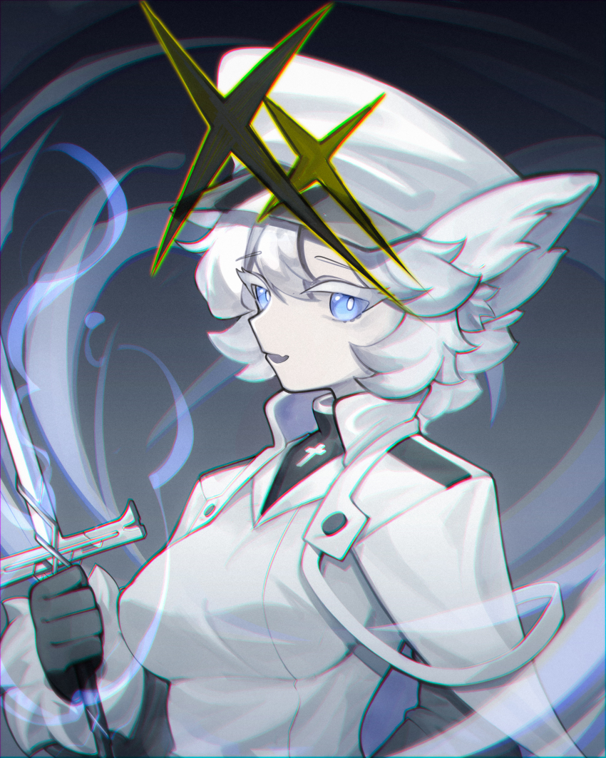 1girl absurdres alchemy_stars animal_ears black_gloves blue_eyes breasts cape chromatic_aberration colored_skin dress fang gloves hat highres holding holding_sword holding_weapon long_sleeves looking_at_viewer medium_breasts open_mouth peaked_cap philyshy_(alchemy_stars) sbgu skin_fang solo sword weapon white_cape white_dress white_hair white_hat white_skin