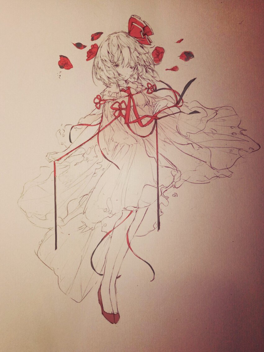 1girl ascot bow closed_eyes falling_petals flower full_body hair_ribbon highres petals red_ascot red_footwear ribbon rumia short_hair solo touhou traditional_media vest zhixie_jiaobu