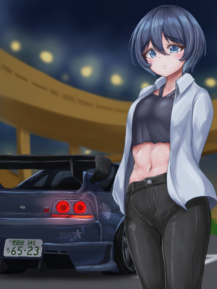 1girl ariga_taya arms_behind_back black_pants black_shirt blue_car blue_eyes blue_shirt blush car collared_shirt cropped_shirt daikoku_parking_area eternal_polaris frown highres looking_at_viewer midriff motor_vehicle navel nissan nissan_skyline nissan_skyline_gt-r nissan_skyline_r33 pants shirt short_hair shutokou_battle shutokou_battle_(2025) solo spoiler_(automobile)