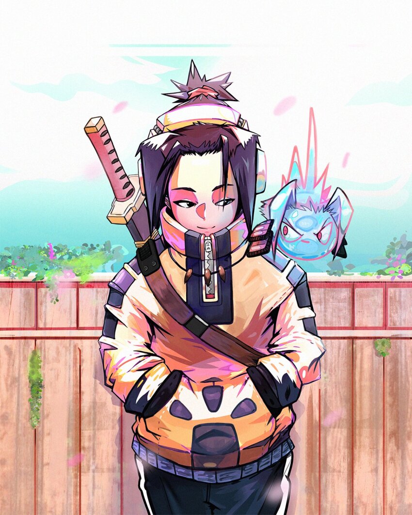 1boy amidamaru asakura_yoh brown_hair commentary cowboy_shot hair_tie hands_in_pockets headphones highres jewelry lv5plant necklace ponytail shaman_king sidelocks smile sword sword_on_back weapon weapon_on_back