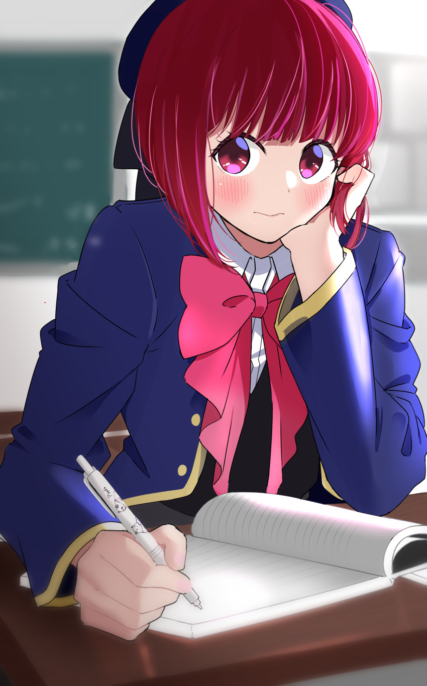 1girl 3: arima_kana beret blue_hat blue_jacket blunt_bangs blurry blurry_background blush bob_cut book bow bowtie chalkboard classroom collared_shirt commentary_request frown hand_on_own_cheek hand_on_own_face hat highres holding holding_pencil indoors jacket liz_(piyoko_piyop) long_sleeves looking_at_viewer mechanical_pencil notebook open_book open_clothes open_jacket oshi_no_ko partial_commentary pencil pink_bow pink_bowtie pink_eyes red_hair school_uniform shirt short_hair solo upper_body white_shirt youtou_high_school_uniform