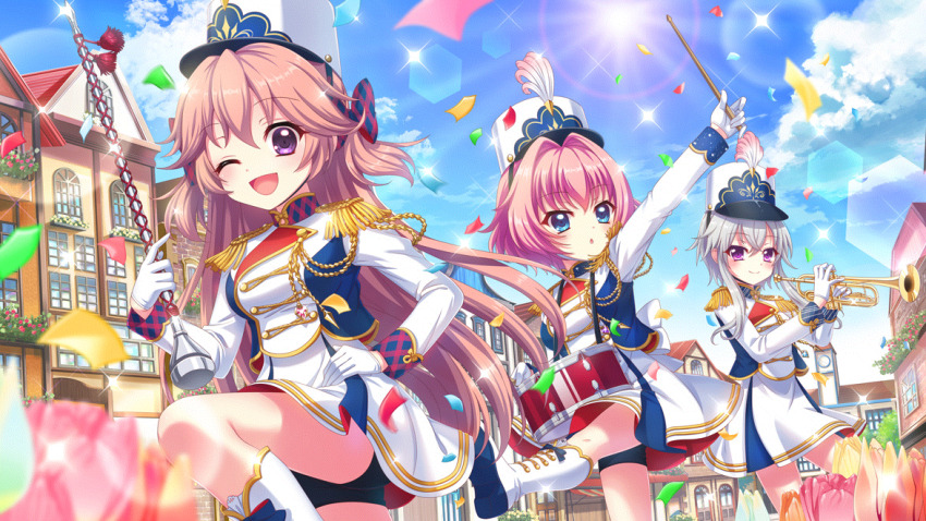 3girls ;d blue_bow blue_eyes blue_sky boots bow breasts buttons closed_mouth cloud confetti day dot_nose double-breasted drum drumsticks epaulettes film_grain flower game_cg gloves grey_hair haeno_akari hair_bow hair_intakes hand_on_own_hip hat hiiragi_kae holding holding_baton holding_drumsticks holding_instrument holding_trumpet ichijou_ruka instrument izumi_tsubasu lens_flare long_hair long_sleeves marching marching_band marching_band_baton matching_outfits medium_breasts multiple_girls non-circular_lens_flare non-web_source official_art one_eye_closed open_mouth orange_flower orange_hair outdoors parted_lips pink_flower pink_hair plaid_bow purple_eyes re:stage! shako_cap short_hair short_hair_with_long_locks sky smile sparkle sun town trumpet two_side_up uniform white_flower white_footwear white_gloves white_hat yellow_flower