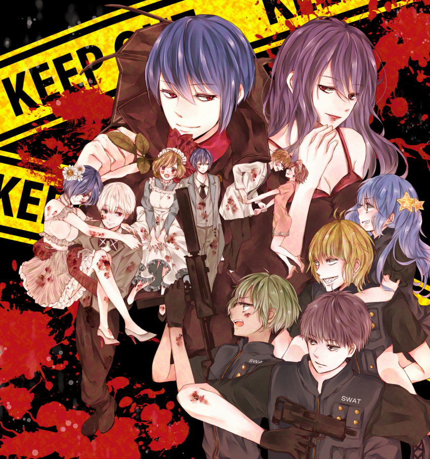 6+boys 6+girls bad_id bad_pixiv_id bare_shoulders black_dress black_gloves blonde_hair blood blood_on_clothes blood_on_leg blue_hair breasts brown_hair brown_jacket brown_pants carrying caution_tape cleavage closed_mouth cosplay_request dress flower fueguchi_hinami gloves green_hair grey_flower grey_jacket grin gun hair_between_eyes hair_flower hair_ornament hair_over_one_eye hand_up highres holding holding_gun holding_weapon jacket kamishiro_rize kaneki_ken keep_out kirishima_ayato kirishima_touka kotochi_re large_breasts long_hair maid multiple_boys multiple_girls mutsuki_tooru nishino_kimi nishio_nishiki pants princess_carry purple_hair s.w.a.t. shirazu_ginshi short_hair short_sleeves smile star_(symbol) star_hair_ornament suzuya_juuzou tokyo_ghoul tokyo_ghoul:re tsukiyama_shuu urie_kuki weapon yonebayashi_saiko