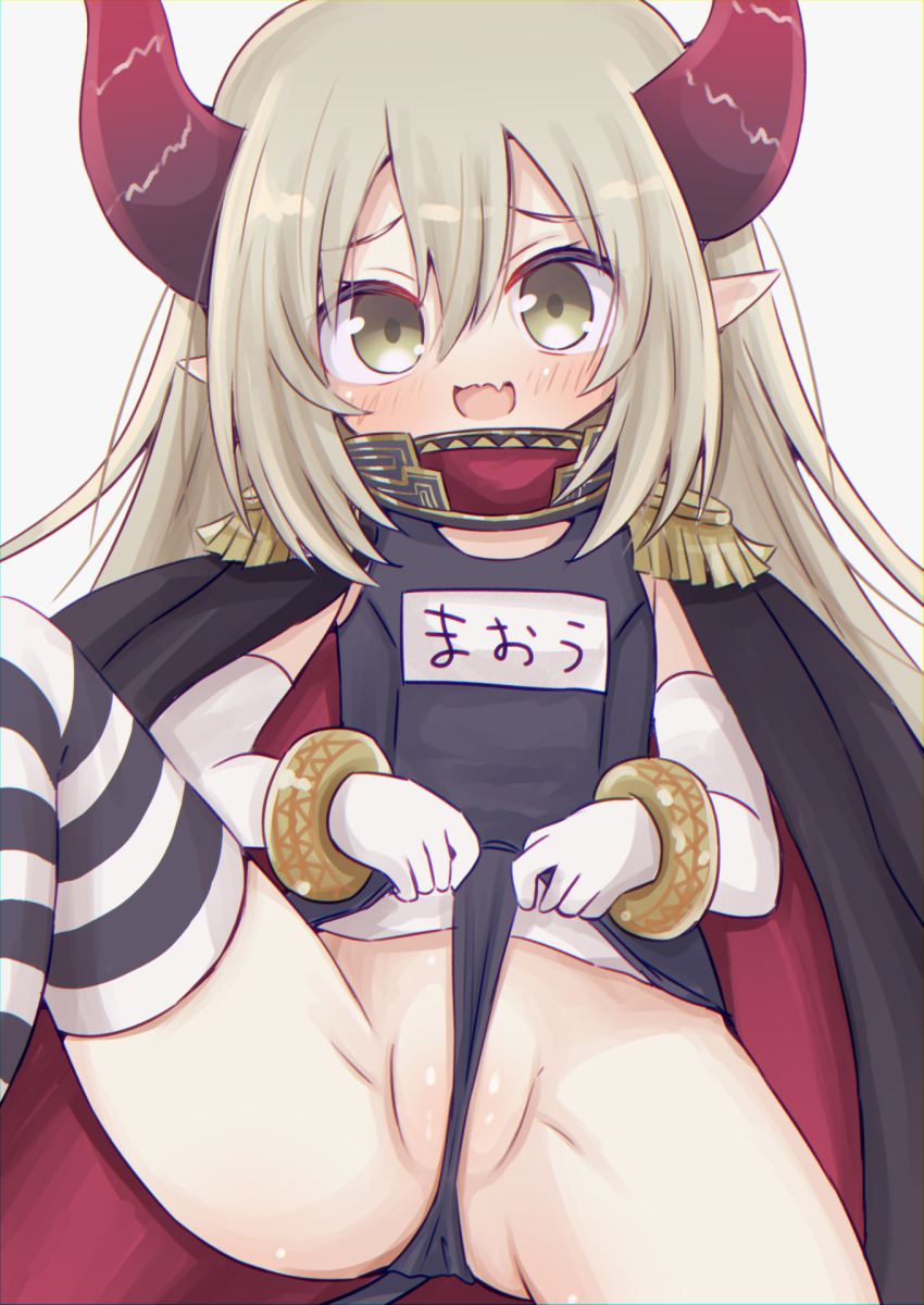 1girl black_one-piece_swimsuit blonde_hair cape commentary_request demon_girl demon_horns elbow_gloves emma_august epaulettes flat_chest frontal_wedgie gloves green_eyes highres horns leg_up loli long_hair name_tag nijisanji old_school_swimsuit one-piece_swimsuit pointy_ears red_horns school_swimsuit self_wedgie simple_background solo striped_clothes striped_thighhighs swimsuit takatsurt thighhighs virtual_youtuber wedgie white_background white_gloves