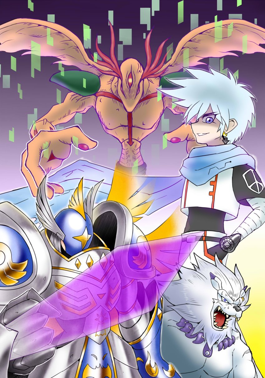 angel angel_boy arkadimon_adult armor digimon digivice energy_sword full_armor highres lion panjyamon saiba_neo seraphimon sharp_teeth sword teeth weapon