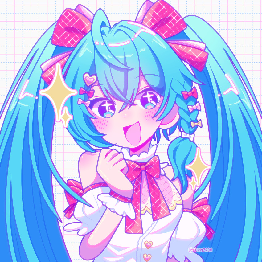 +_+ 1girl ahoge aqua_eyes aqua_hair bare_shoulders blush bow braid commentary detached_sleeves double-parted_bangs english_commentary grid_background hair_between_eyes hair_bow hand_up hatsune_miku highres ibispaint_(medium) koppi2404 long_hair looking_at_viewer open_mouth pink_bow pop_art puffy_short_sleeves puffy_sleeves shirt short_sleeves side_braid simple_background single_braid sleeveless sleeveless_shirt solo sparkle twintails twitter_username upper_body very_long_hair vocaloid watermark white_background white_bow white_shirt yellow_bow