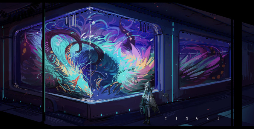 1girl aquarium arknights arm_belt artist_name belt belt_buckle black-framed_eyewear black_belt black_boots black_scarf black_sleeves black_socks boots box brown_hair buckle buttons creature feather_hair_ornament feathers full_body glasses hair_ornament half-harpy highres indoors jacket knife long_sleeves looking_at_animal multiple_belts round_eyewear scarf short_hair silence_(arknights) sleeves_past_fingers sleeves_past_wrists socks solo striped_clothes striped_scarf thigh_belt thigh_strap vertical-striped_clothes vertical-striped_scarf white_jacket wide_shot yingzi