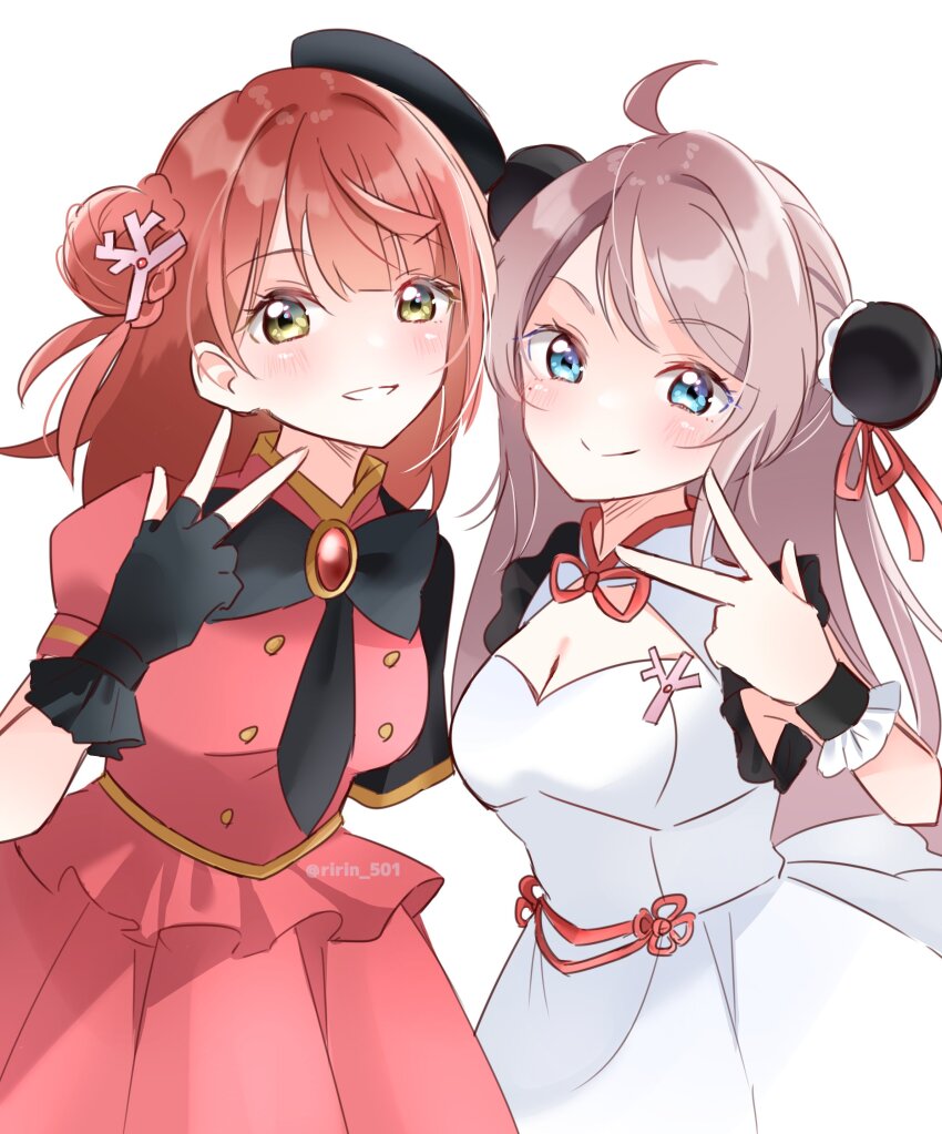 2girls absurdres beret black_capelet black_gloves black_hat blue_eyes blunt_bangs breasts bun_cover bun_with_braided_base buttons capelet child cleavage cleavage_cutout clothing_cutout commentary_request coral_hair_ornament double-breasted double_bun dress fingerless_gloves frilled_gloves frills gloves hair_bun half_updo hat highres long_hair love_live! love_live!_nijigasaki_high_school_idol_club love_live!_nijigasaki_high_school_idol_club_the_movie_-_finale mandarin_collar medium_hair mole mole_under_eye multiple_girls official_alternate_costume phoenix_(love_live!) pink_hair pink_shirt pink_skirt puffy_short_sleeves puffy_sleeves ririn_(ririn_501) shirt short_sleeves side_cape sidelocks single_side_bun skirt sleeveless sleeveless_dress stellar_stream_(love_live!) swept_bangs uehara_ayumu white_dress yellow_eyes zhong_lanzhu