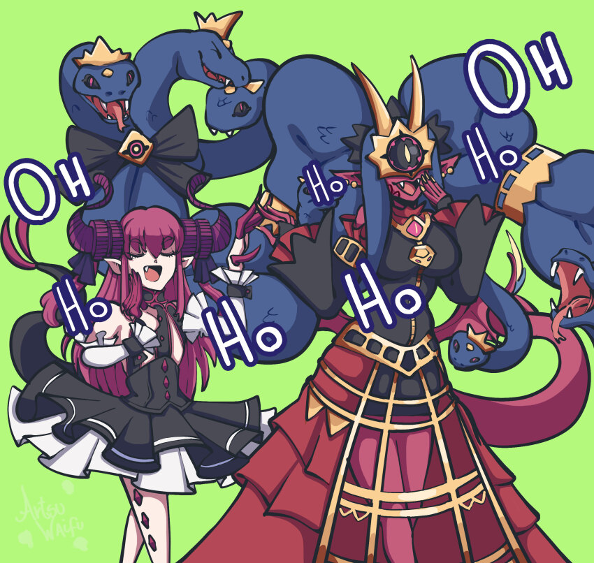 absurdres artsuwaifu black_sclera closed_eyes colored_sclera crossover crown digimon digimon_(creature) earrings elizabeth_bathory_(fate) fang fangs fate_(series) frills highres horns jewelry laughing long_hair mask medusamon ojou-sama_pose pink_hair red_eyes ribbon tail