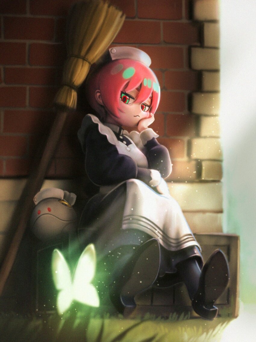 1girl alternate_costume amate_yuzuriha apron aqua_eyes black_dress black_pantyhose black_shoes block_heels box brick_wall broom bug butterfly closed_mouth commentary_request dress enmaided glowing_butterfly grass green_butterfly gundam gundam_gquuuuuux hair_between_eyes hand_on_own_cheek hand_on_own_face haro head_rest highres insect light_particles long_dress maid maid_apron maid_headdress multicolored_eyes nekoita non-humanoid_robot on_box outdoors pantyhose red_eyes robot shoes short_hair sitting sunlight two-tone_eyes white_apron wooden_box