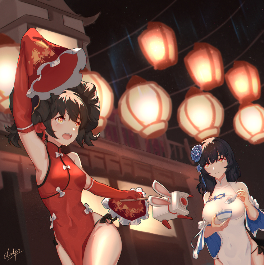 2girls absurdres black_hair blue_flower breasts brown_eyes china_dress chinese_clothes clotho_matcha covered_navel detached_sleeves double_bun dress flower girls&#039;_frontline hair_bun hair_flower hair_ornament highres large_breasts long_sleeves multiple_girls official_alternate_costume open_mouth pelvic_curtain red_dress sleeves_past_fingers sleeves_past_wrists small_breasts type_95_(girls&#039;_frontline) type_95_(narcissus)_(girls&#039;_frontline) type_97_(girls&#039;_frontline) type_97_(peony)_(girls&#039;_frontline) white_dress