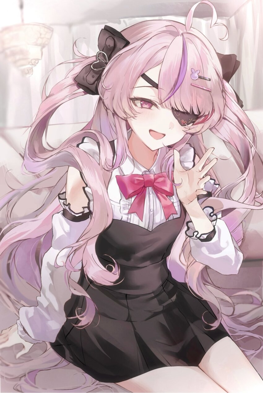 :d ahoge blush bow bowtie breasts detached_sleeves eyepatch hair_bow hair_ornament heart heart_ahoge highres long_hair looking_at_viewer maria_marionette multicolored_hair nijisanji nijisanji_en oaunou open_mouth pink_bow pink_bowtie pink_eyes pink_hair rabbit_hair_ornament sitting small_breasts smile streaked_hair virtual_youtuber waving