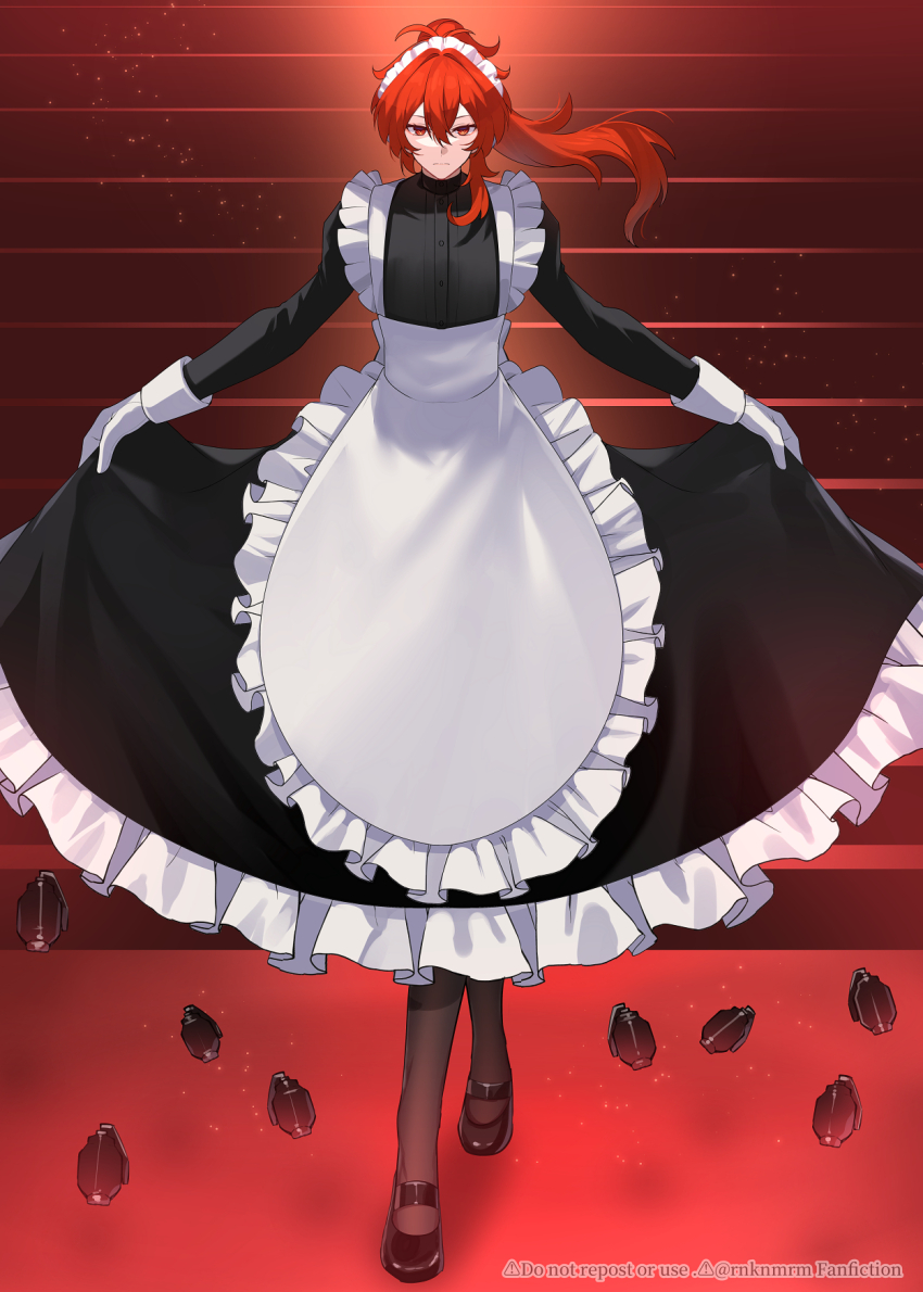 1boy alternate_costume antenna_hair apron artist_name black_dress black_shoes buttons closed_mouth commentary_request crossdressing crossdressing_(mtf) curtsey diluc_(genshin_impact) dress enmaided explosive floating_hair frilled_apron frilled_dress frills frown genshin_impact gloves grenade hair_between_eyes hair_intakes high_heels high_ponytail highres hiki_yuichi juliet_sleeves long_hair long_sleeves looking_at_viewer maid maid_apron maid_headdress male_focus ponytail puffy_sleeves red_background red_eyes red_hair serious shoes sidelocks skirt_hold sleeve_cuffs solo standing twitter_username watermark white_apron white_gloves