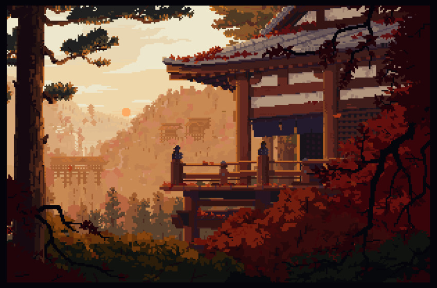 animated animated_gif autumn autumn_leaves black_border border day leaf lennsan mountainous_horizon no_humans original outdoors pixel_art scenery sunset tree