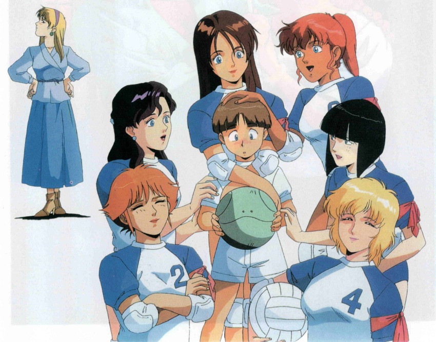 1boy 6+girls absurdres anime_coloring ankle_boots aqua_eyes aqua_sleeve_cuffs aqua_sleeves ball black_hair bleed_through blonde_hair blue_eyes blue_sleeves blunt_bangs blunt_ends bob_cut boots bowl_cut breasts brown_footwear brown_hair closed_mouth connie_francis cowboy_shot dress earrings everyone facing_viewer fingerless_gloves freckles full_body gloves gundam gym_uniform hair_behind_ear hairband half_updo hand_on_another&#039;s_head hands_on_own_hips haro helen_jackson high_heel_boots high_heels high_ponytail highres jewelry junko_jenko kate_bush katejina_loos knee_pads legs_apart light_brown_hair lipstick long_hair long_skirt looking_at_another mahalia_merril makeup medium_breasts medium_hair multiple_girls necklace official_alternate_costume open_mouth peggy_lee ponytail profile puffy_short_sleeves puffy_shorts puffy_sleeves purple_hair purple_hairband raglan_sleeves red_hair red_lips retro_artstyle robot scan scan_artifacts shirt short_hair short_sleeves shorts shoulder_pads shrike_team_(victory_gundam) sidelocks skirt sleeve_cuffs sportswear tan third-party_source tongue upper_body uso_ewin victory_gundam volleyball volleyball_(object) wavy_sidelocks white_background white_shirt white_sleeves