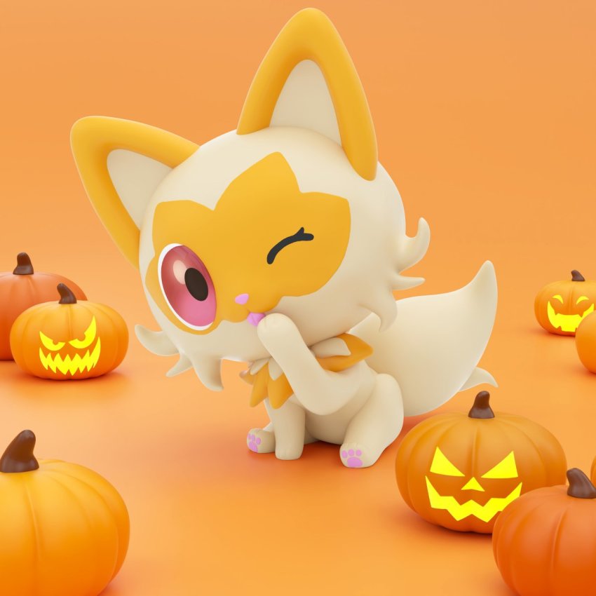 3d alternate_color animal_focus commentary creatures_(company) english_commentary full_body game_freak halloween highres jack-o&#039;-lantern licking licking_hand looking_at_viewer nintendo no_humans one_eye_closed orange_background orange_theme pawpads pink_eyes pokemon pokemon_(creature) puffcakerosie pumpkin simple_background sitting solo sprigatito tongue tongue_out zbrush_(medium)