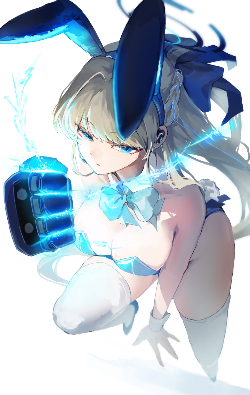 1girl absurdres animal_ears blonde_hair blue_archive blue_eyes blue_leotard breasts commentary electricity fake_animal_ears floating_hair from_above hair_between_eyes halo highleg highleg_leotard highres koyuuuuuuuuuuu leotard long_hair official_alternate_costume playboy_bunny rabbit_ears solo thighhighs toki_(blue_archive) toki_(bunny)_(blue_archive)
