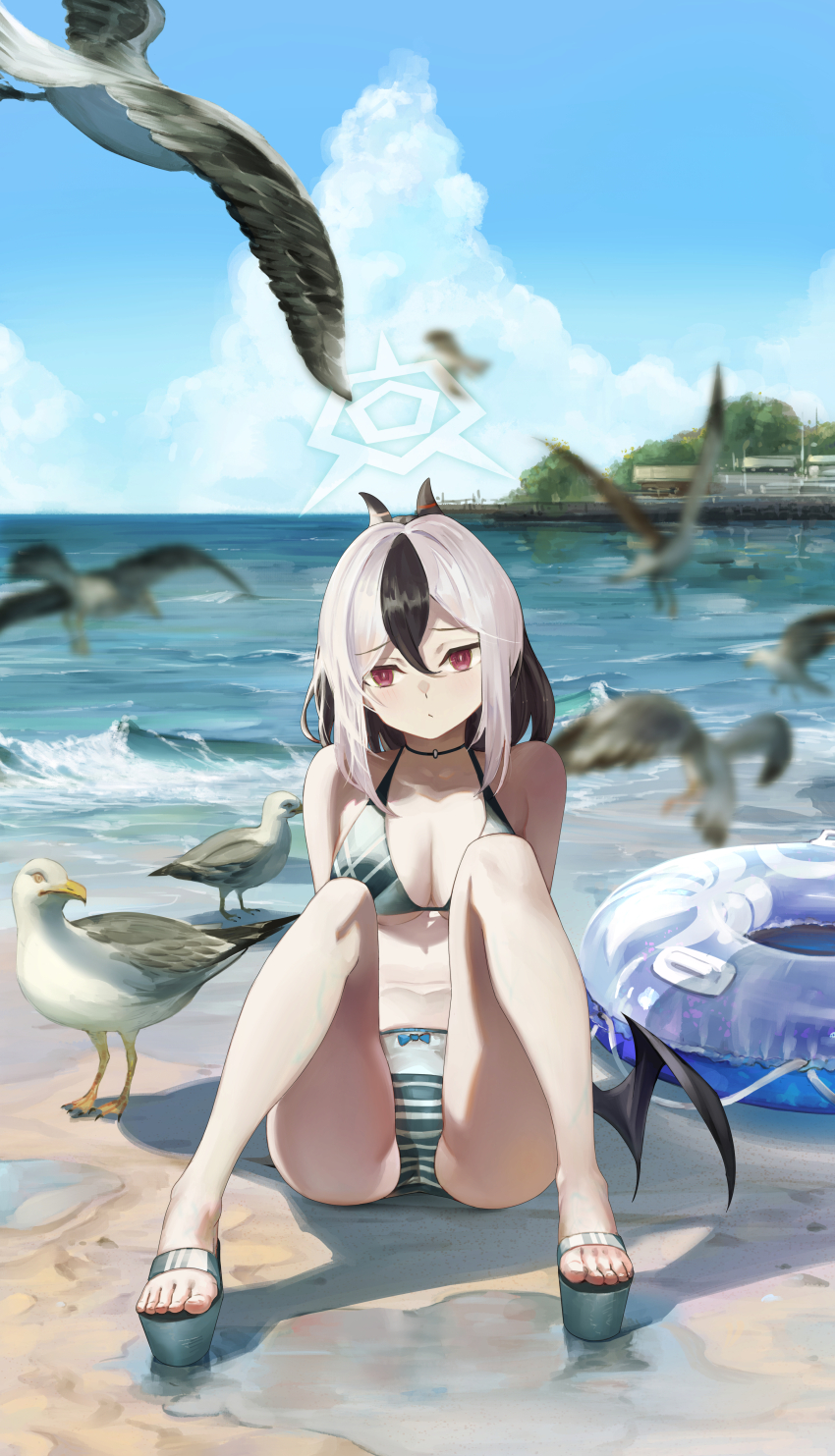 1girl absurdres alternate_costume beach bikini bird black_hair black_horns black_wings blue_archive blue_sky blurry breasts cloud commentary_request cumulonimbus_cloud day depth_of_field feet full_body green_bikini grey_hair highres horizon horns kayoko_(blue_archive) keji133 knees_up legs looking_at_viewer medium_breasts ocean outdoors pink_eyes sandals seagull single_wing sitting sky solo swim_ring swimsuit toenails toes wings