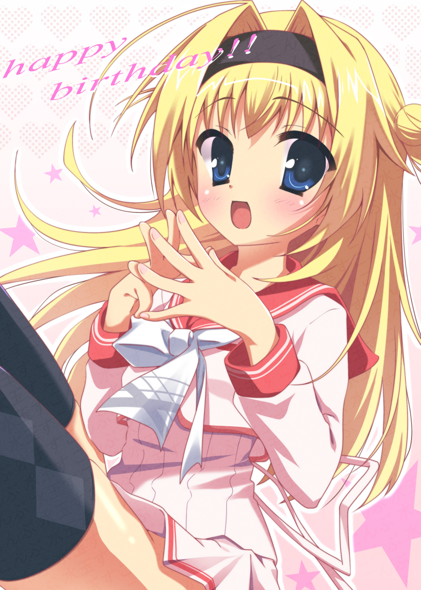 1girl :d absurdres argyle_clothes argyle_thighhighs black_hairband black_thighhighs blonde_hair blue_eyes blush bottle chitose_sana commentary cowboy_shot cowlick double_bun eyes_visible_through_hair fingernails floating_hair hair_between_eyes hair_bun hair_intakes hairband hands_up happy happy_birthday highres long_hair long_sleeves looking_at_viewer open_mouth outline own_hands_together pink_background pink_serafuku pink_shirt pink_skirt red_sailor_collar sailor_collar school_uniform serafuku shirt simple_background sitting skirt smile solo star_(symbol) steepled_fingers sukonbu385 tenshinranman thighhighs watermark white_outline wine_bottle