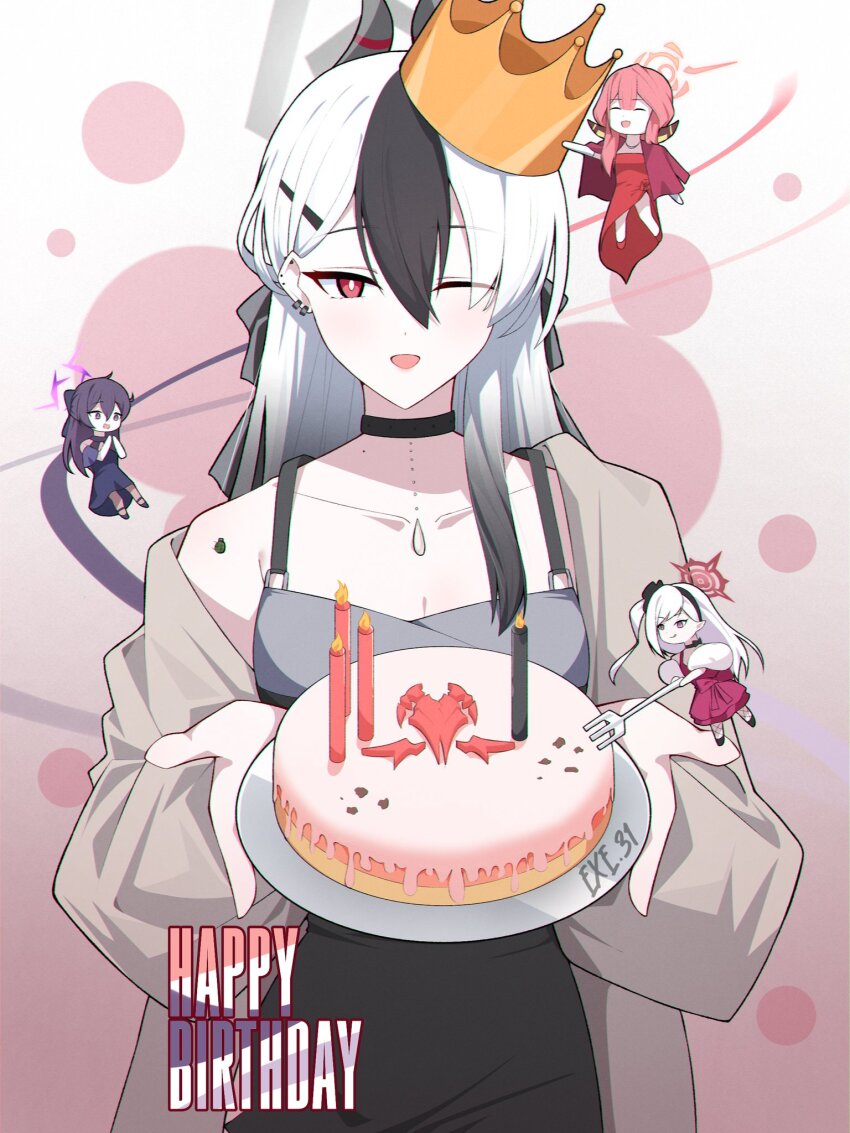 5girls ;d ^_^ artist_name aru_(blue_archive) aru_(dress)_(blue_archive) birthday_cake black_bow black_choker black_dress black_hair black_horns blue_archive blue_dress bow brown_cardigan cake cardigan chibi choker closed_eyes collarbone commentary crown demon_horns dress ear_piercing english_commentary english_text exe.31 feather_boa floating food fork gold_crown gradient_background grey_halo hair_between_eyes hair_bow hair_ornament hairclip halo happy_birthday haruka_(blue_archive) haruka_(dress)_(blue_archive) highres holding holding_fork holding_plate horns kayoko_(blue_archive) kayoko_(dress)_(blue_archive) long_hair mini_person minigirl multicolored_hair multiple_girls mutsuki_(blue_archive) mutsuki_(dress)_(blue_archive) nightgown official_alternate_costume one_eye_closed open_cardigan open_clothes open_mouth pendant_choker piercing pink_background plate purple_hair purple_halo red_dress red_eyes red_hair red_halo simple_background single_off_shoulder sleeveless sleeveless_dress smile streaked_hair tsurime two-tone_hair white_hair