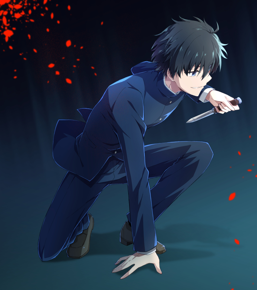 1boy absurdres ahoge azami_masurao black_hair blood blue_eyes blue_jacket blue_pants brown_shoes buttons commentary_request evil_grin evil_smile grin highres holding holding_knife holding_weapon jacket knife long_sleeves looking_away male_focus melty_blood nanaya_shiki on_one_knee pants school_uniform shoes short_hair smile solo teeth tohno_shiki tsukihime weapon