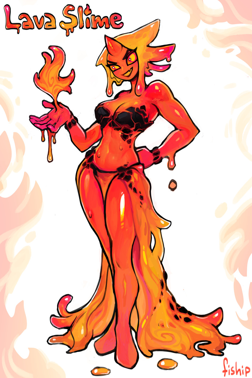 1girl :d absurdres artist_name breasts commentary elemental_(creature) english_commentary english_text fang fire_elemental full_body hand_on_own_hip highres horns lava looking_at_viewer matilda_fiship medium_breasts monster_girl no_pupils open_mouth orange_eyes original simple_background single_horn slime_girl smile smirk solo v-shaped_eyebrows white_background