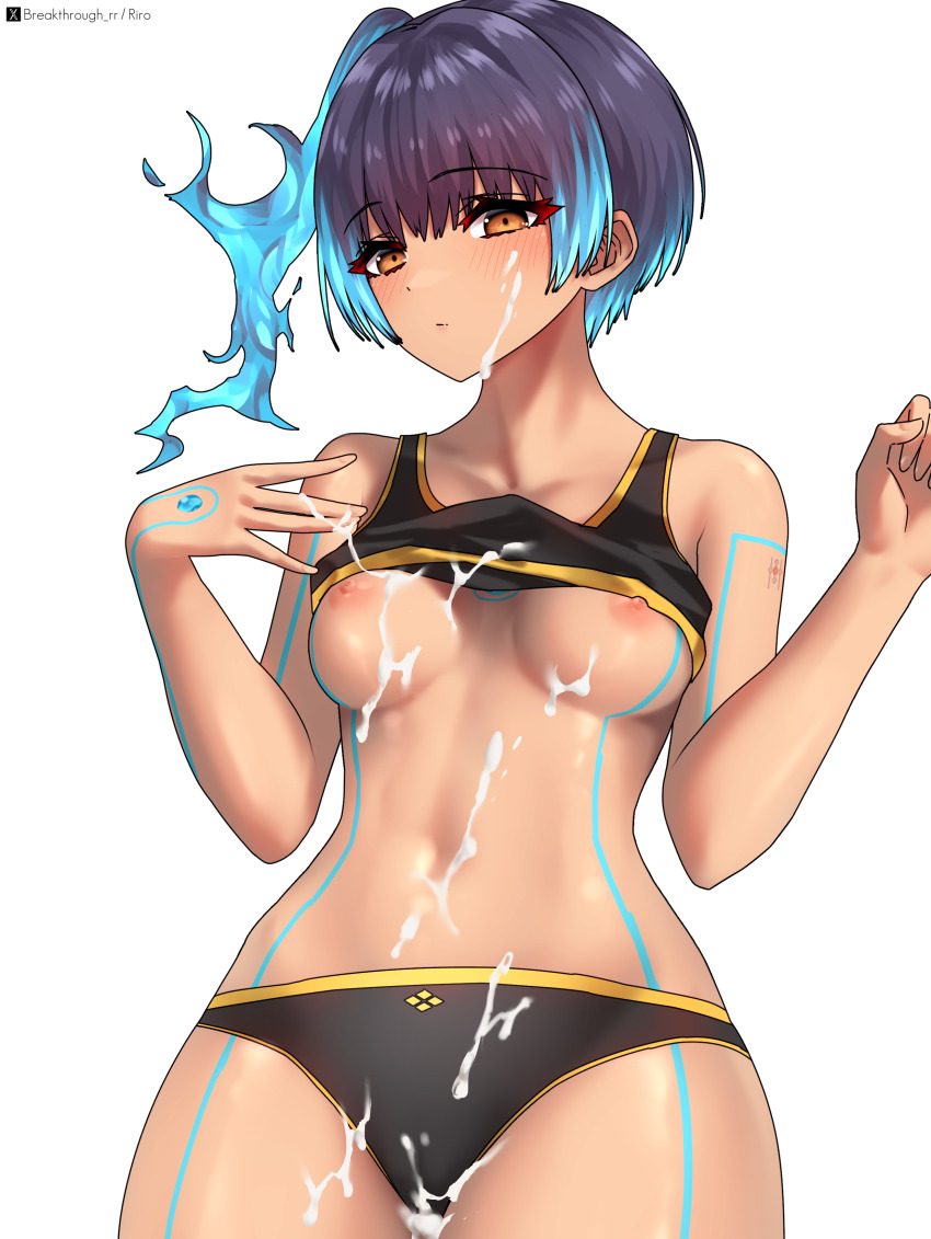 1girl absurdres artist_name black_bra black_hair black_panties blue_hair body_markings bra bra_lift breasts brown_eyes commentary cowboy_shot cum cum_on_body cum_on_breasts cum_on_hands cum_on_upper_body facial fiery_hair gradient_hair highres looking_at_viewer medium_breasts multicolored_hair navel nipples panties riro_(breakthrough_rr) sena_(xenoblade) short_hair side_ponytail simple_background solo twitter_x_logo underwear underwear_only white_background xenoblade_chronicles_(series) xenoblade_chronicles_3 yellow_trim