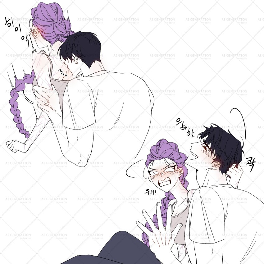 1boy 1girl ^_^ argyle_background black_hair black_pants blank_eyes blush braid braided_ponytail camisole clenched_teeth closed_eyes commentary_request crop_top ear_blush forehead grabbing_another&#039;s_hair grey_camisole hetero highres holding_another&#039;s_arm jinu_(kpop_demon_hunters) kissing_back kpop_demon_hunters laughing long_hair multiple_views nose_blush pants purple_hair rmflarp_eks rumi_(kpop_demon_hunters) shirt smile t-shirt teeth v-shaped_eyebrows veins veiny_hands very_long_hair watermark white_shirt