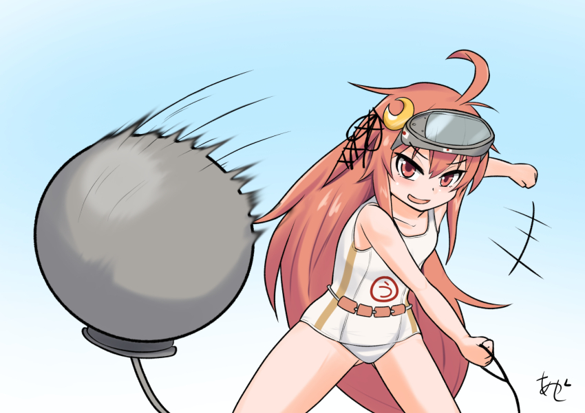 1girl ahoge akashieru artist_logo blue_background breasts cosplay cowboy_shot crescent crescent_hair_ornament diving_mask diving_mask_on_head flotation_belt fp-45_liberator goggles goggles_on_head gradient_background gun hair_ornament handgun kantai_collection logo long_hair low-tied_long_hair maru-yu_(kancolle) maru-yu_(kancolle)_(cosplay) one-hour_drawing_challenge one-piece_swimsuit orange_hair red_eyes school_swimsuit small_breasts solo swimsuit throwing uzuki_(kancolle) weapon white_one-piece_swimsuit